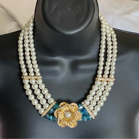 Multi-strand Pearl Necklace with Gold-tone and Rhinestone Flower - Picture 1 of 6
